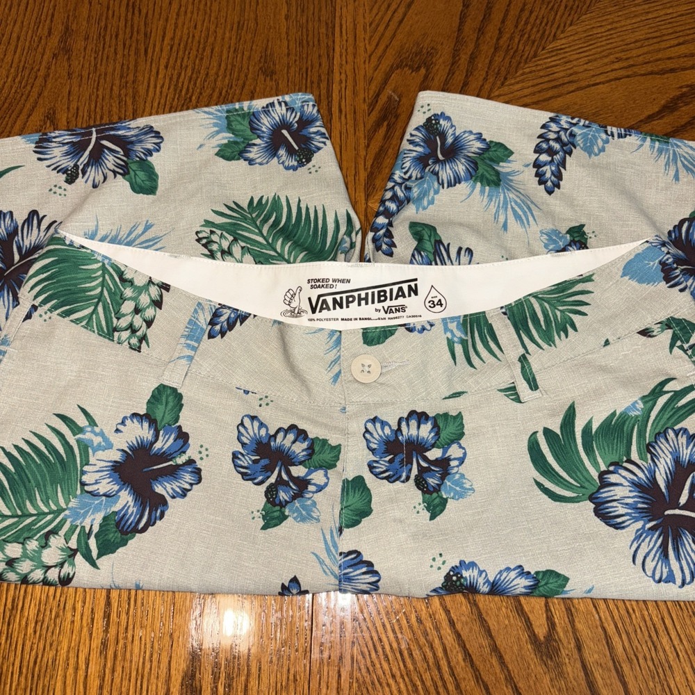 Vans‎ Vanphibian Hawaiian Tropical Floral On Gray Zip Up Hybrid Shorts Men's 34